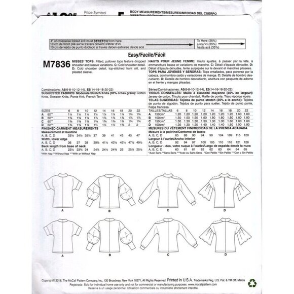 McCall's M7836 Misses 6 to 14 Easy Fitted Pullover Tops Uncut Sewing Pattern New - Picture 2 of 2